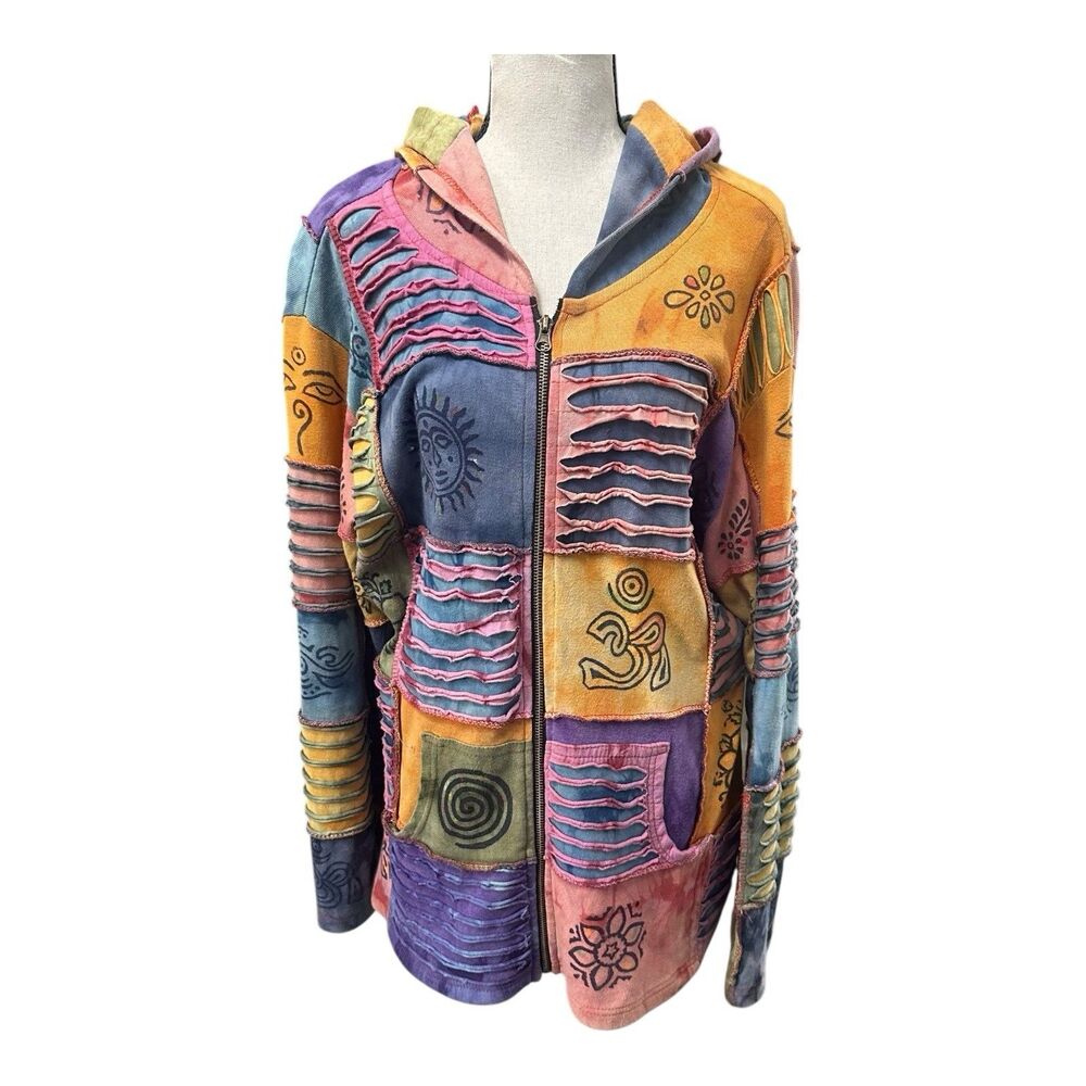 Rising International Boho Patchwork Hoodie XL – Nepal Cotton Festival Jacket